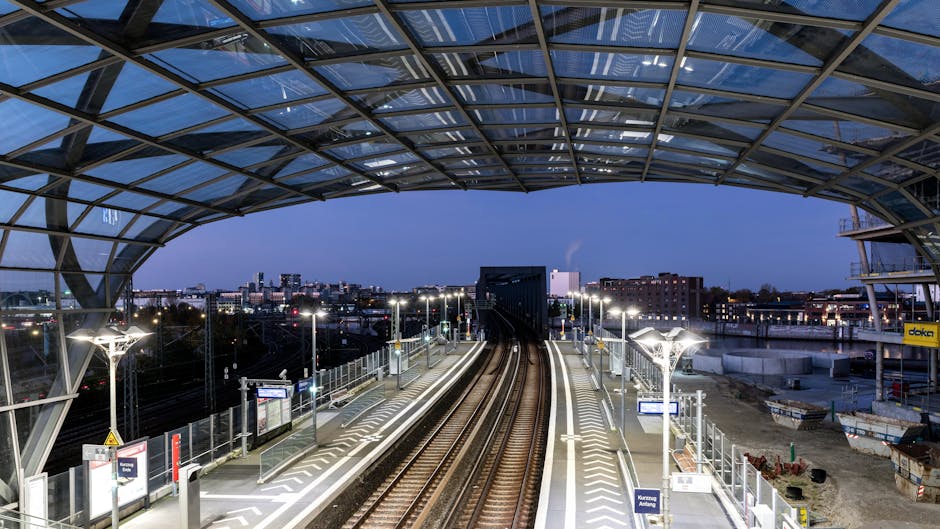 Night view of an S‑Bahn bridge with city lights