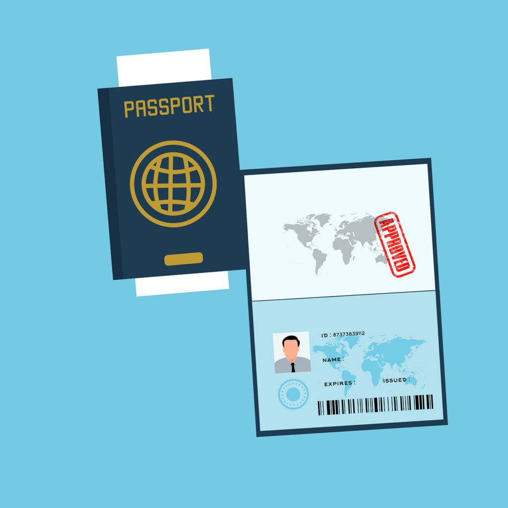 Passport and visa paperwork on a wooden table