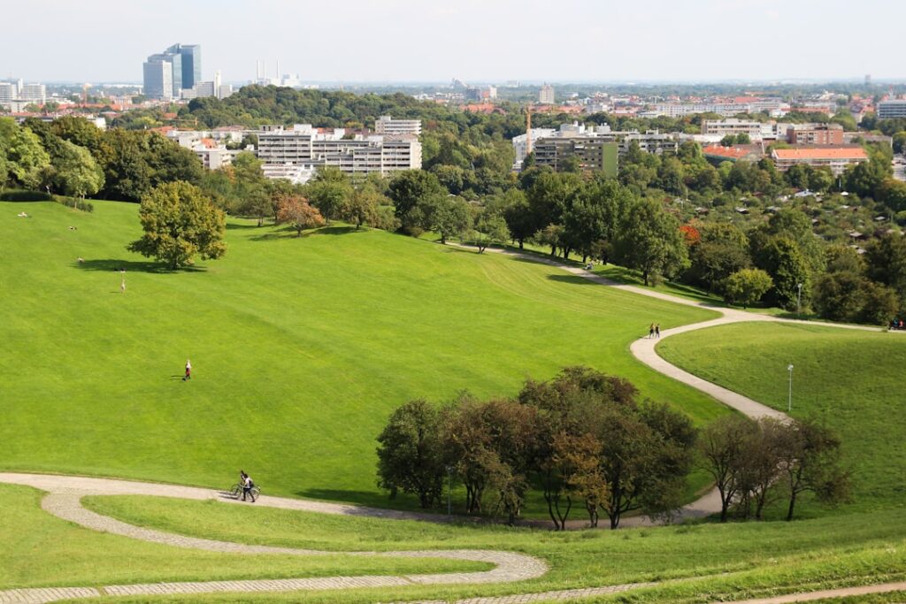 Isar riverbank and bike path on a sunny day in Munich