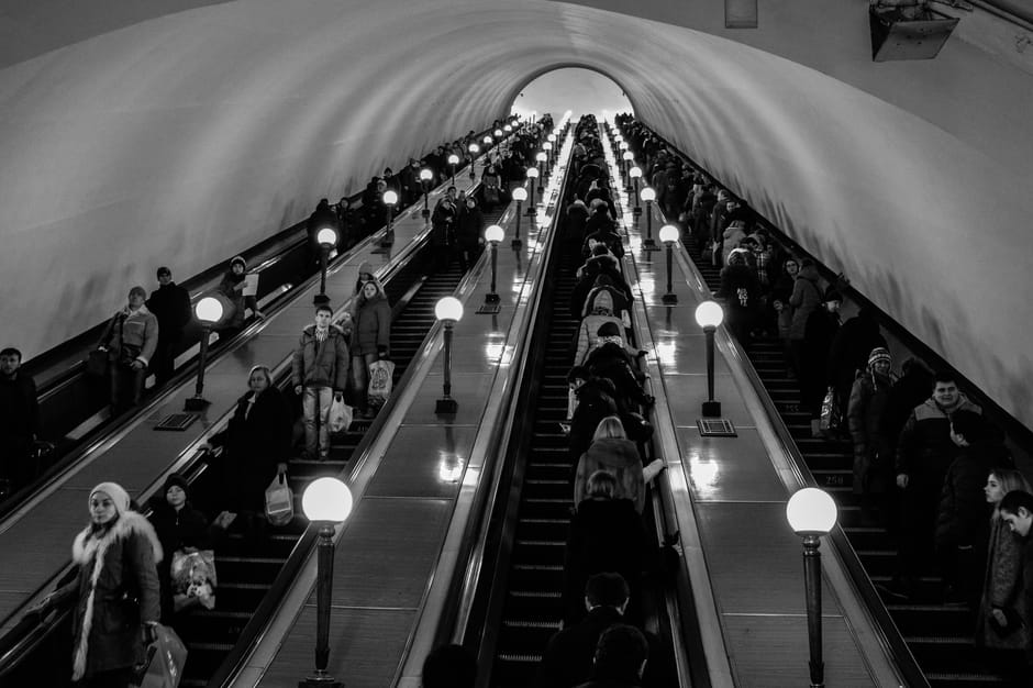 Long escalator leading down to Admiralteyskaya station