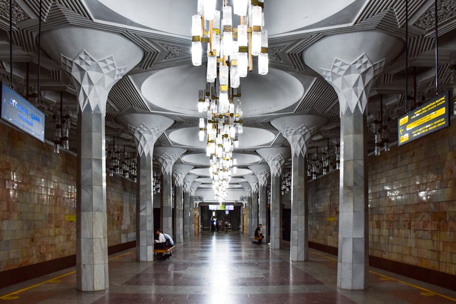 Interior view of Avtovo station with ornate columns and decorative details