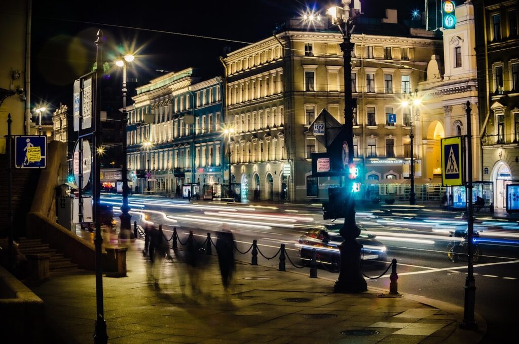 Nevsky Prospekt evening street lights in Saint Petersburg