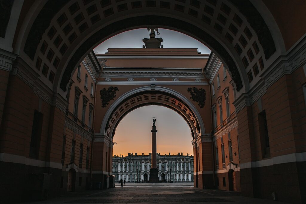 Neva riverside and Nevsky Prospekt in the morning, Saint Petersburg