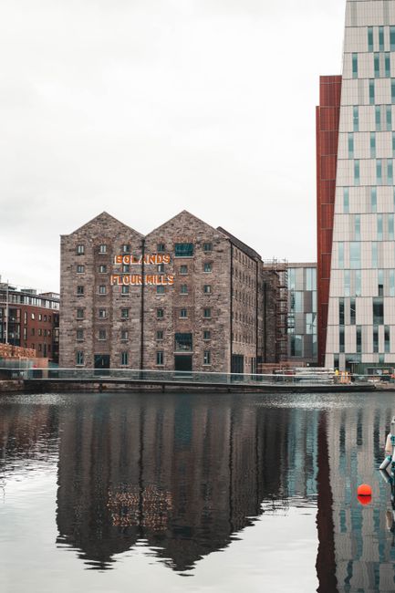 Grand Canal Dock modern quay with calm water reflections