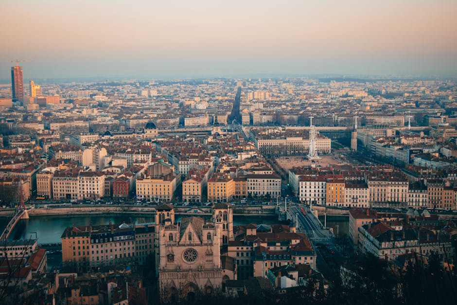 Lyon city skyline at sunset panoramic view