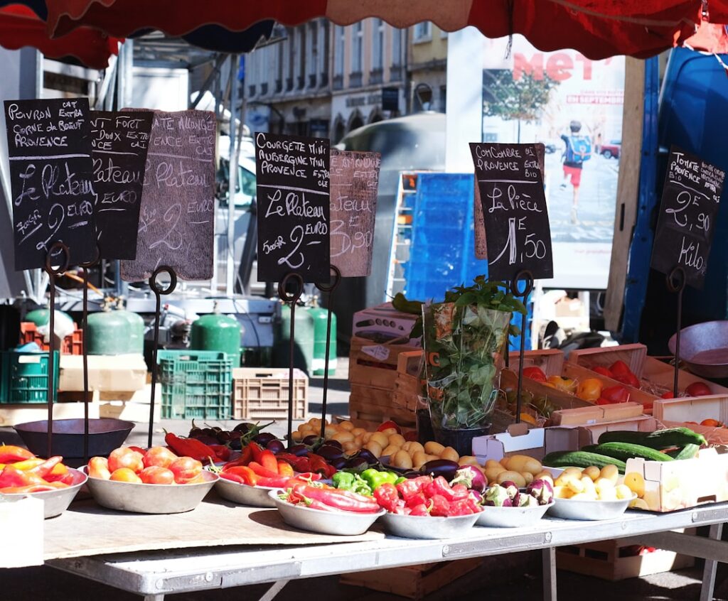Local Lyon market street food vendors in the morning