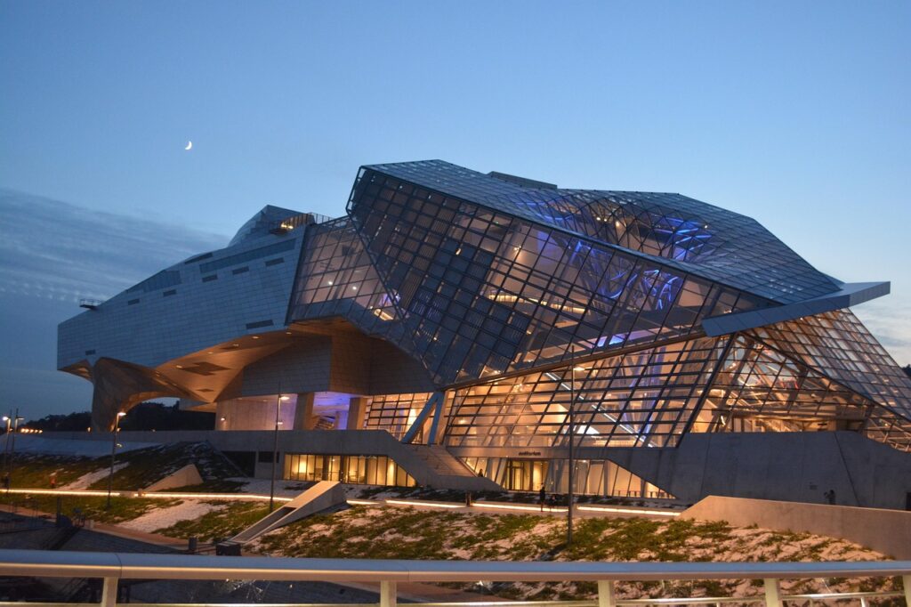 Exterior view of a Lyon museum building at dusk