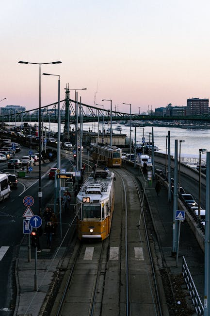 T1 tram at dusk along the riverside