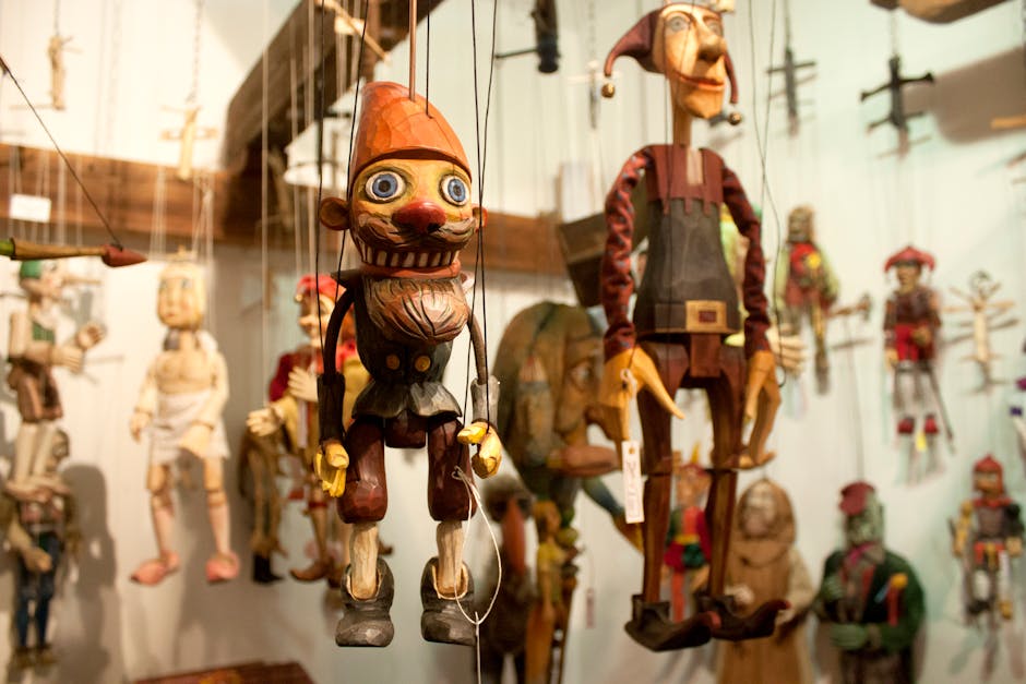 Close-up of wooden marionette display at the museum