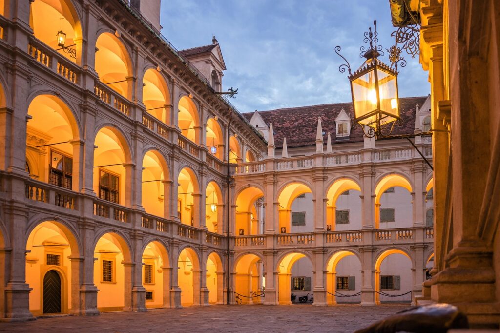Restored Renaissance courtyard with visitors