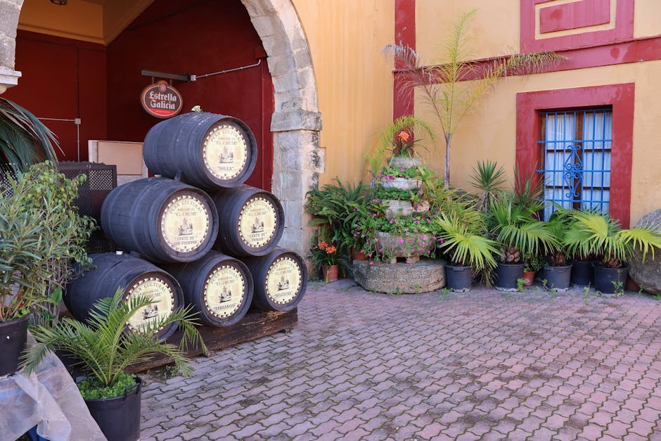 El Pimpi tavern interior courtyard with wine barrels