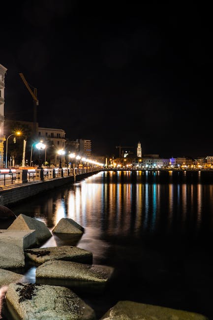 Nighttime promenade and port lights in Malaga
