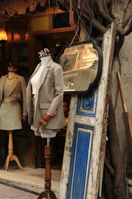 Mannequin habillé d'un tailleur devant porte bleue vieillie, Milan.