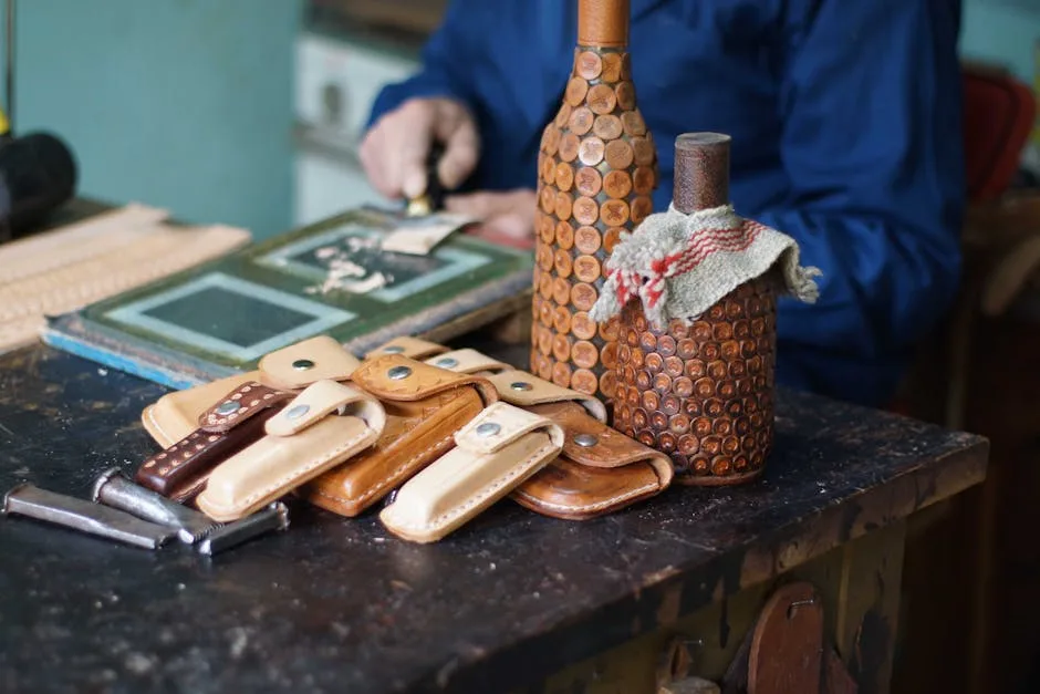 Gros plan sur pochettes en cuir sur établi, artisan au travail à Milan