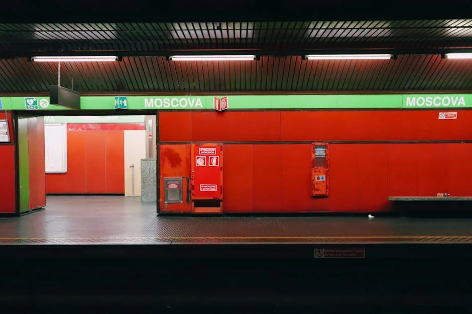 Quai de la station Moscova à Milan, murs rouges et panneaux verts