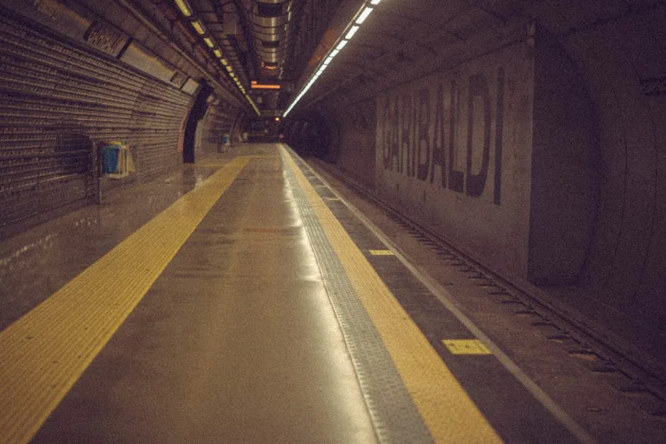 Quai vide de la station Garibaldi du métro de Milan, rails et bande tactile.