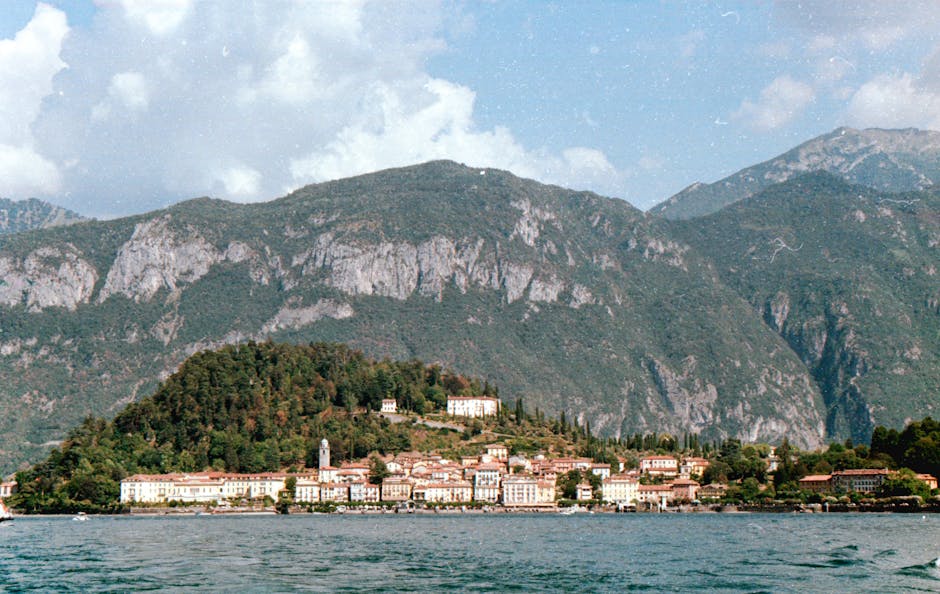 Bellagio waterfront view from a boat, town centre and lakefront promenade