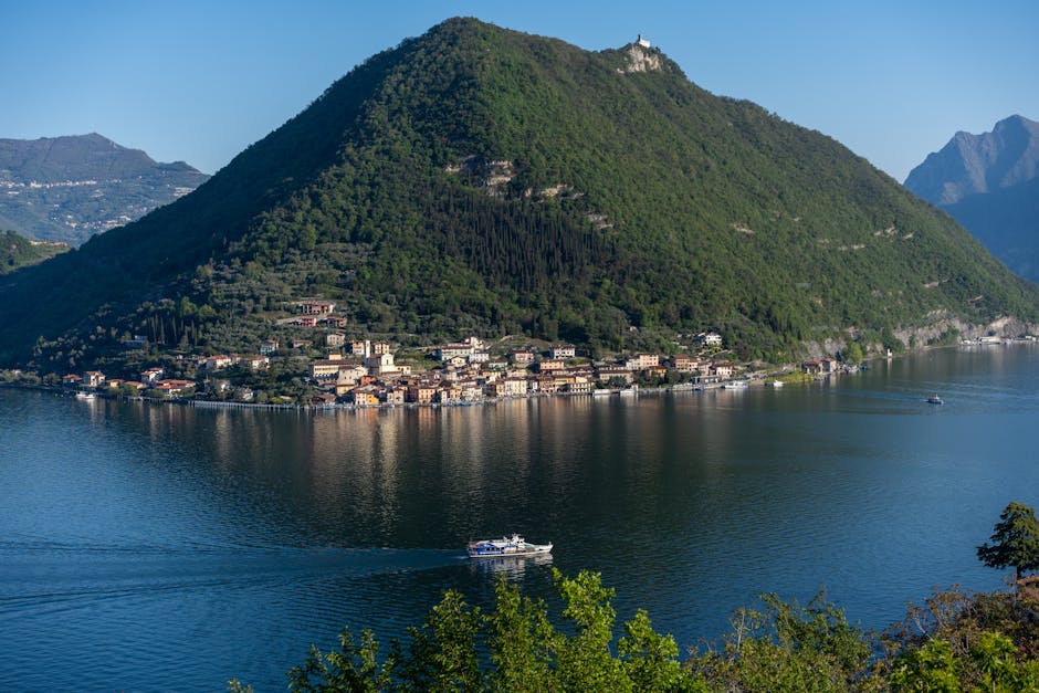 Panoramic view from Monte Isola summit over the island and lakeside villages