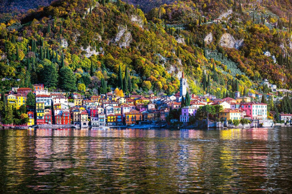 Varenna lakeside promenade with colorful houses and village harbour
