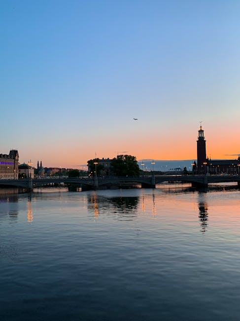 Sunset view of Stockholm skyline with islands and bridges