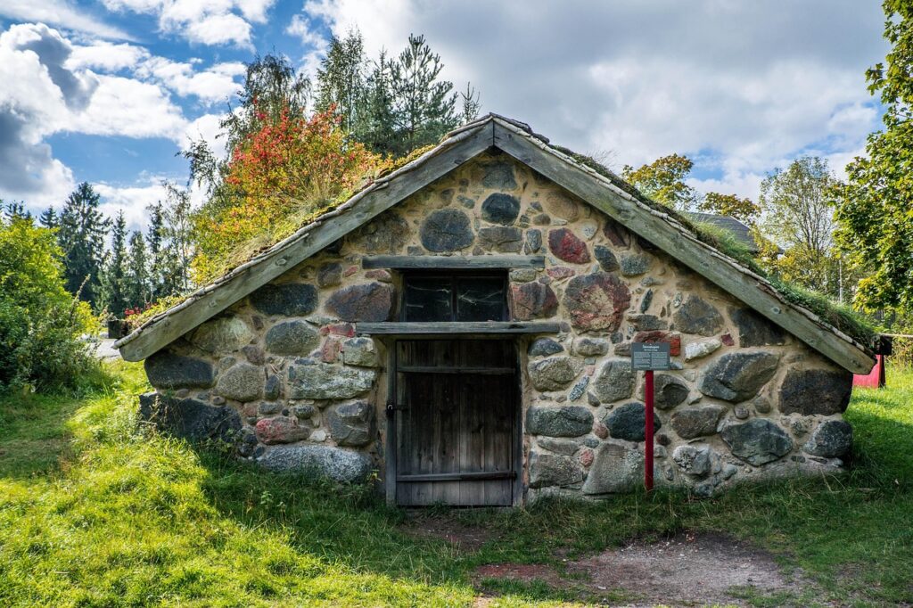 Traditionelle Holzhäuser im Freilichtmuseum Skansen
