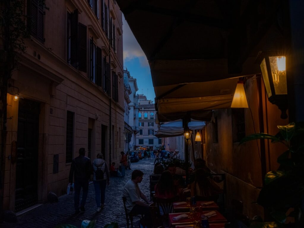 evening street cafes in Lipscani with warm lights