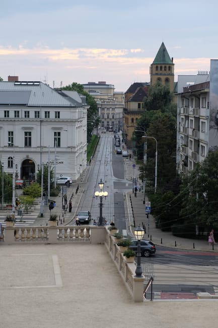 Sunset over Calea Victoriei and tramlines