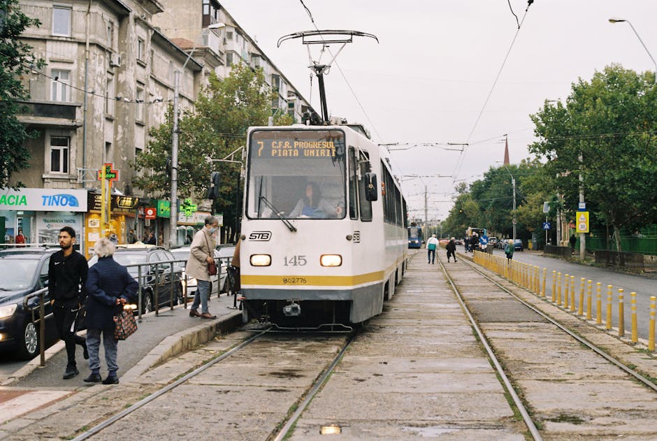 Bucharest tram passing through avenue