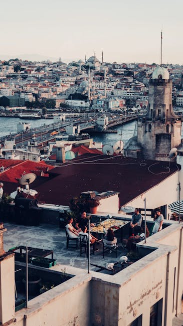 Rooftop hostel terrace at sunset