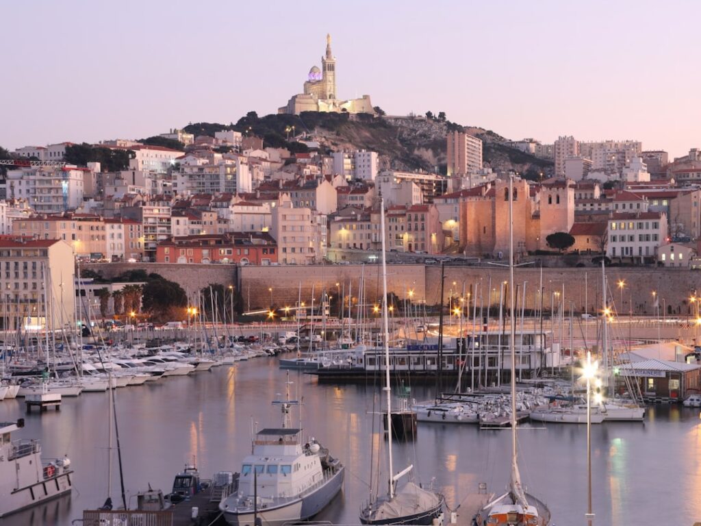 Old Port at dusk with waterfront restaurants