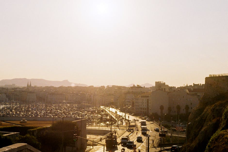 Rooftop bar at sunset with view of Marseille harbour