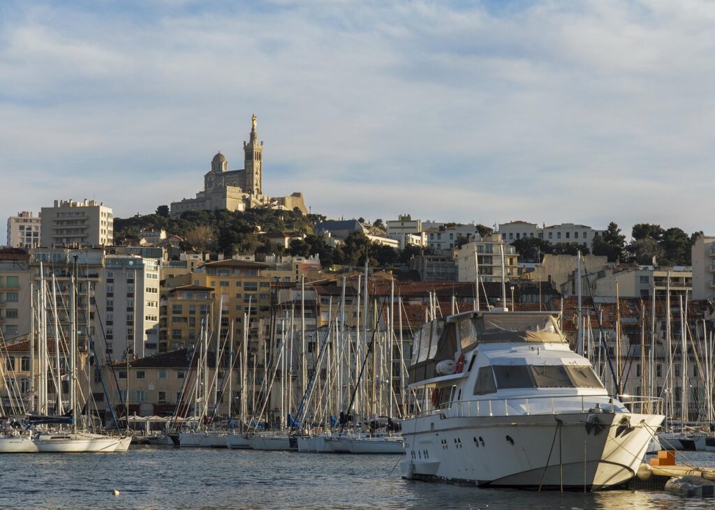 Vieux-Port at sunset with boats, Marseille