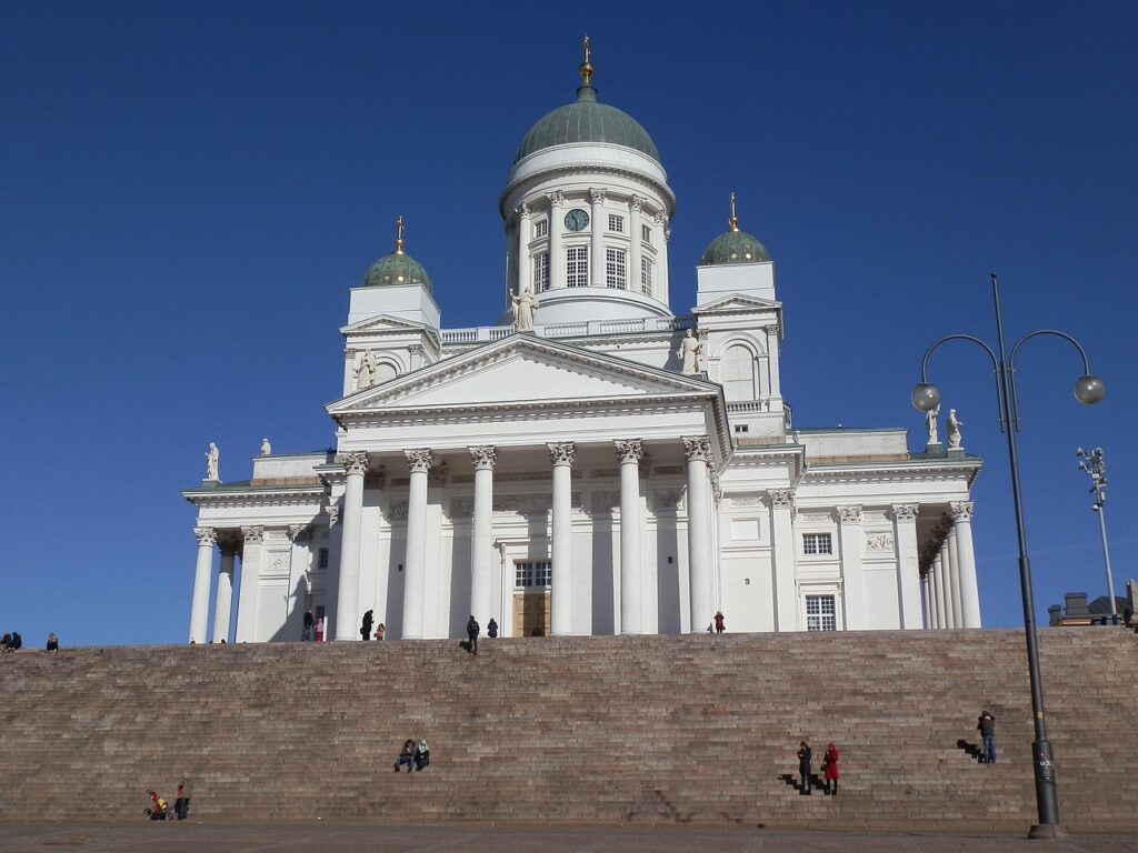 Helsinki Cathedral lit in the evening