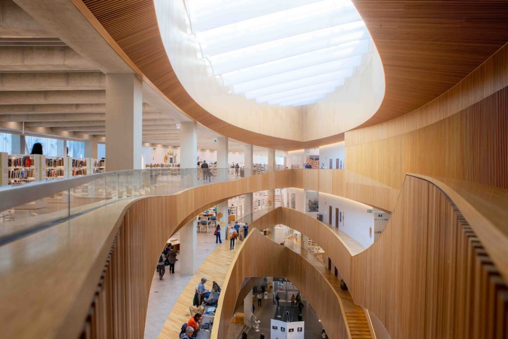 Interior reading area of Oodi Central Library with wooden architecture