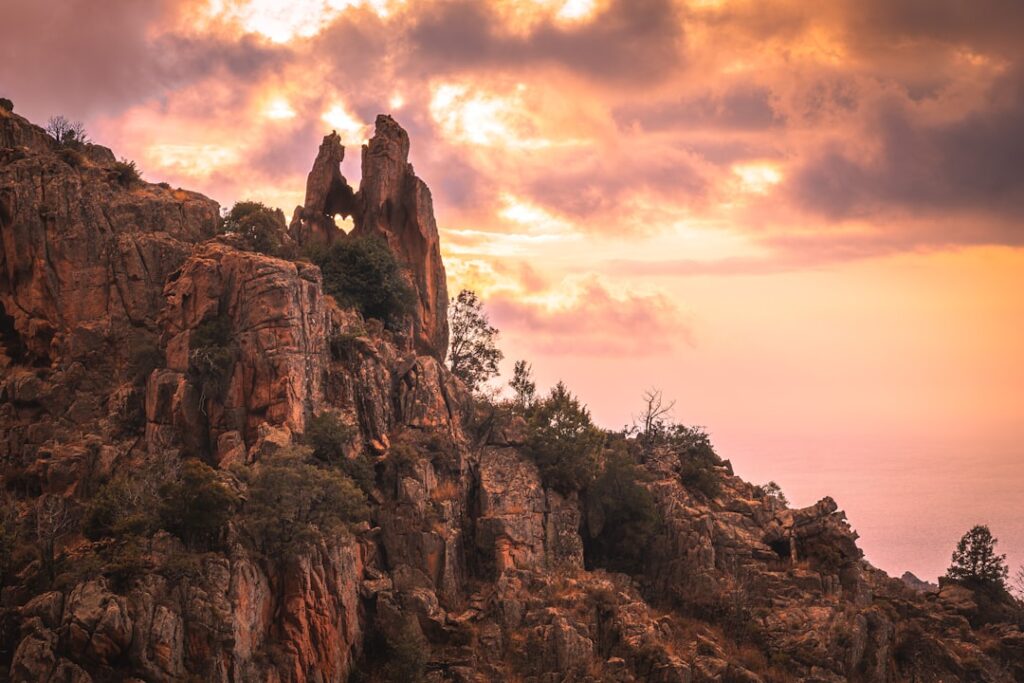Calanques de Piana coastal cliffs at sunset