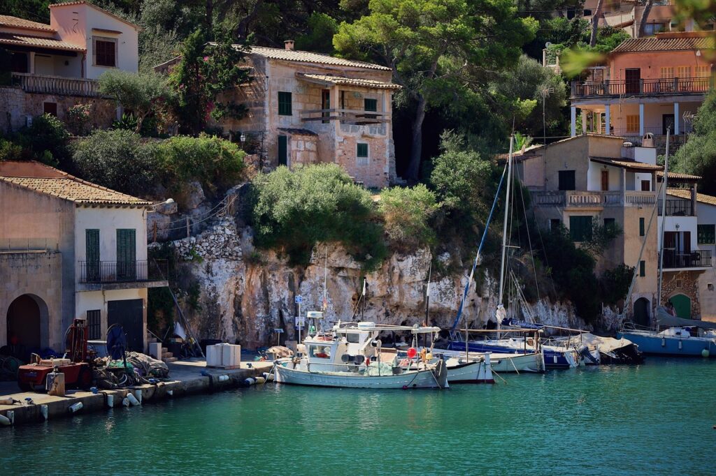 Panoramic view of a small Corsican fishing village harbour