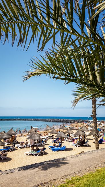 Strand van Playa de Las Américas met toeristen die ontspannen op gouden zand