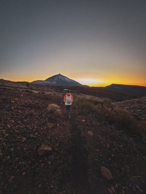 Hikers on a volcanic trail at Teide National Park at sunrise
