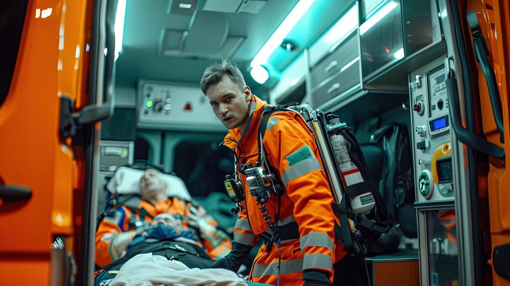 Sanitäter behandelt Patient in einem Rettungswagen