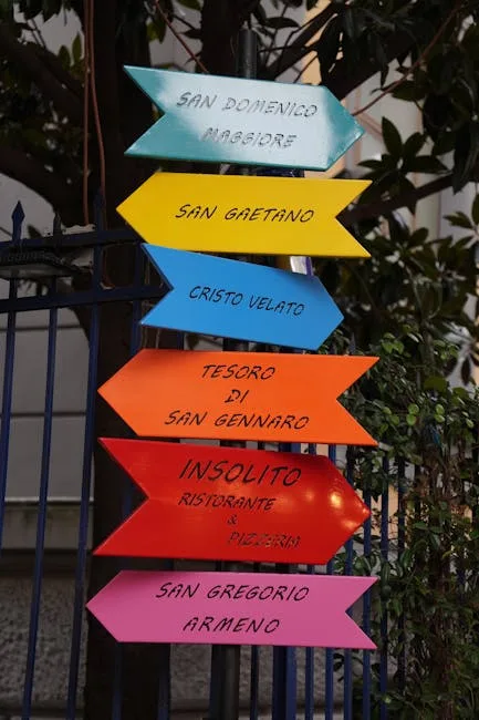 Bright arrow signs on a fence directing visitors to Naples churches