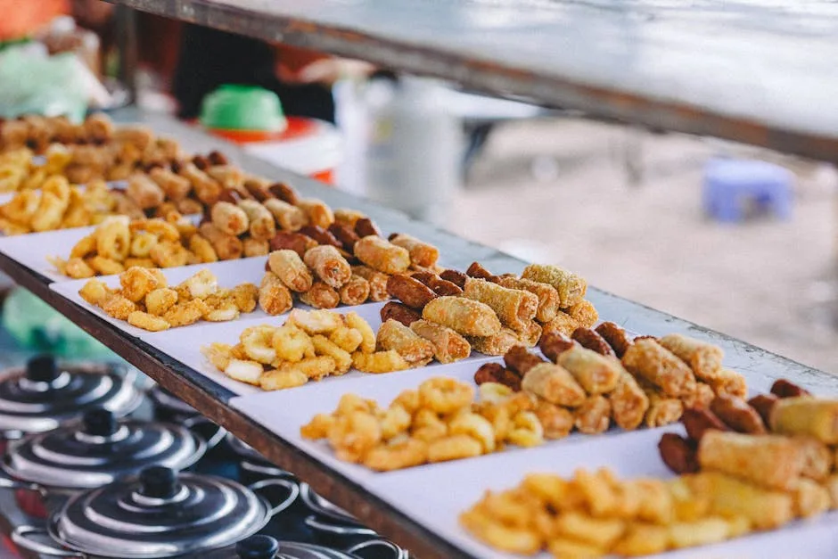 Rows of fried snacks on paper-lined trays at a street food stall