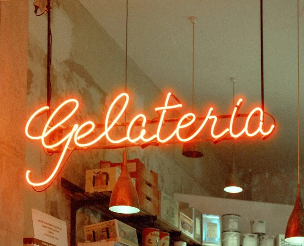 Close-up of colorful gelato display in a shop