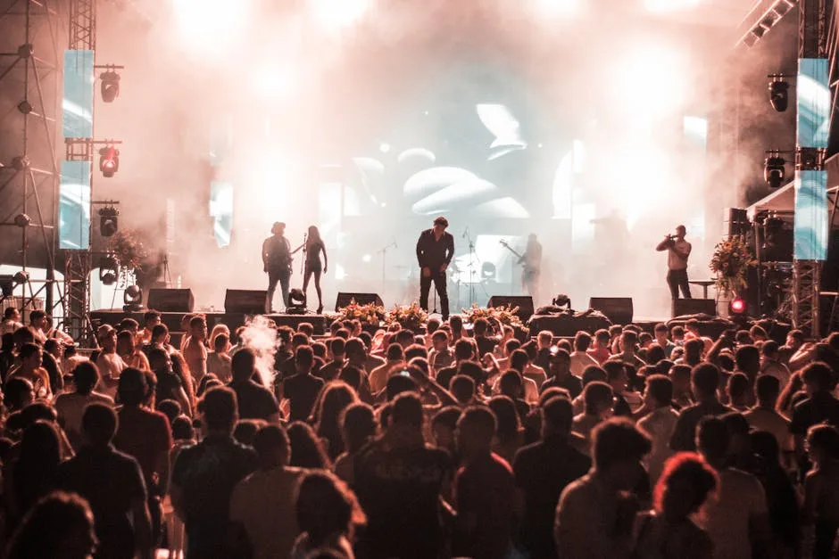 Outdoor music festival at dusk