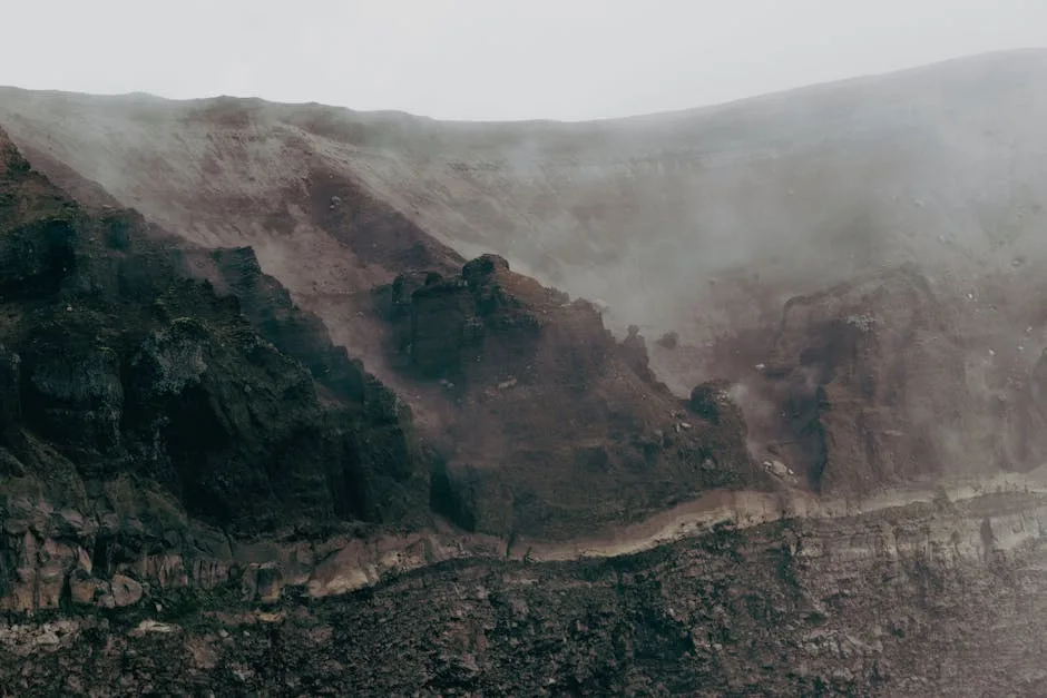 Misty crater walls of Mount Vesuvius showing rugged volcanic rock