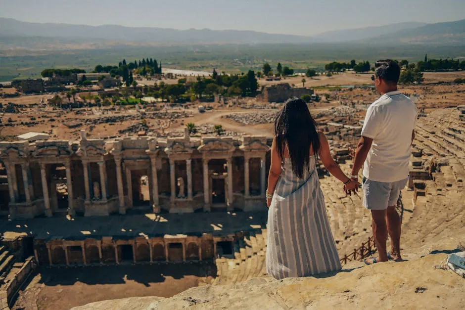 Visitors walking an ancient theatre on a wooden walkway