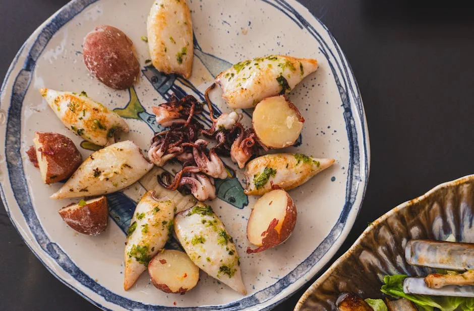Gegrillte Baby-Tintenfische mit Kartoffeln auf rustikalem Teller, neapolitanische Küche