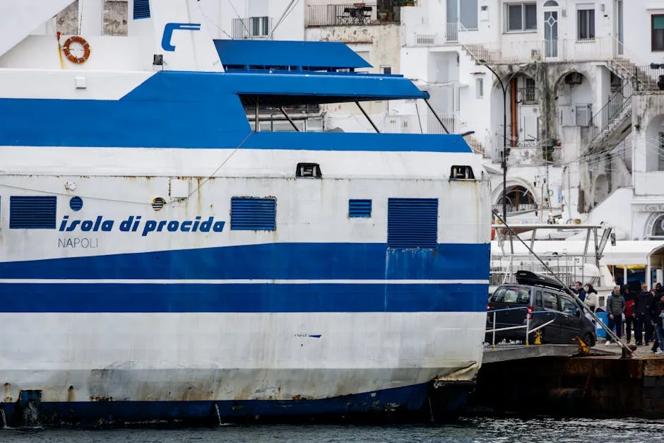 Close-up of 'Isola di Procida' ferry hull moored at Napoli dock