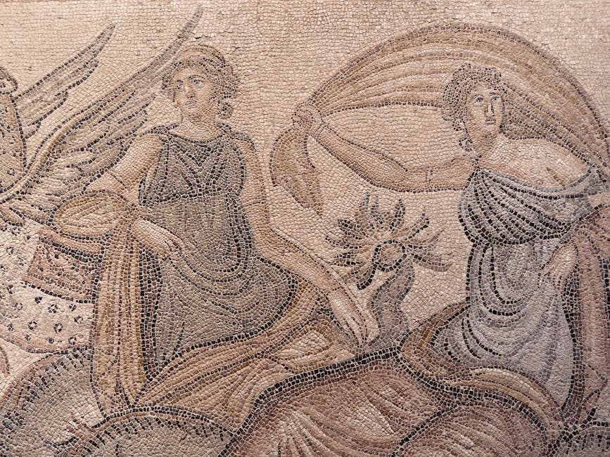 Ancient mosaic in Naples museum depicting two seated classical figures.