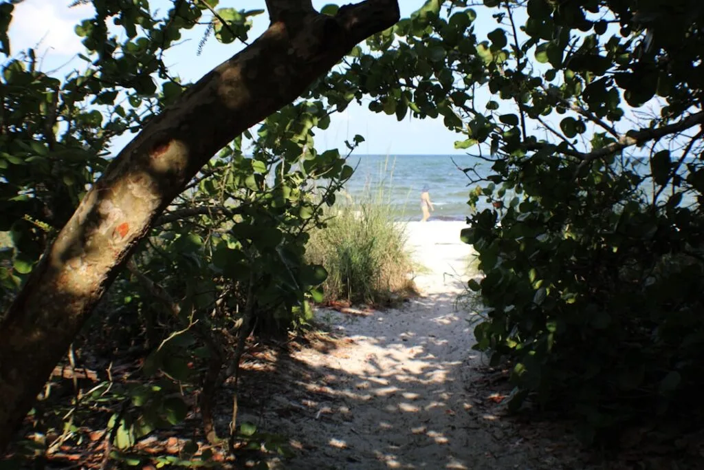 Sandiger Pfad durch Dünen zur Küste, Blick aufs Meer in Neapel