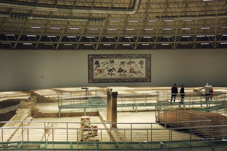 Indoor archaeological ruins with mosaic panel and visitors in Naples museum
